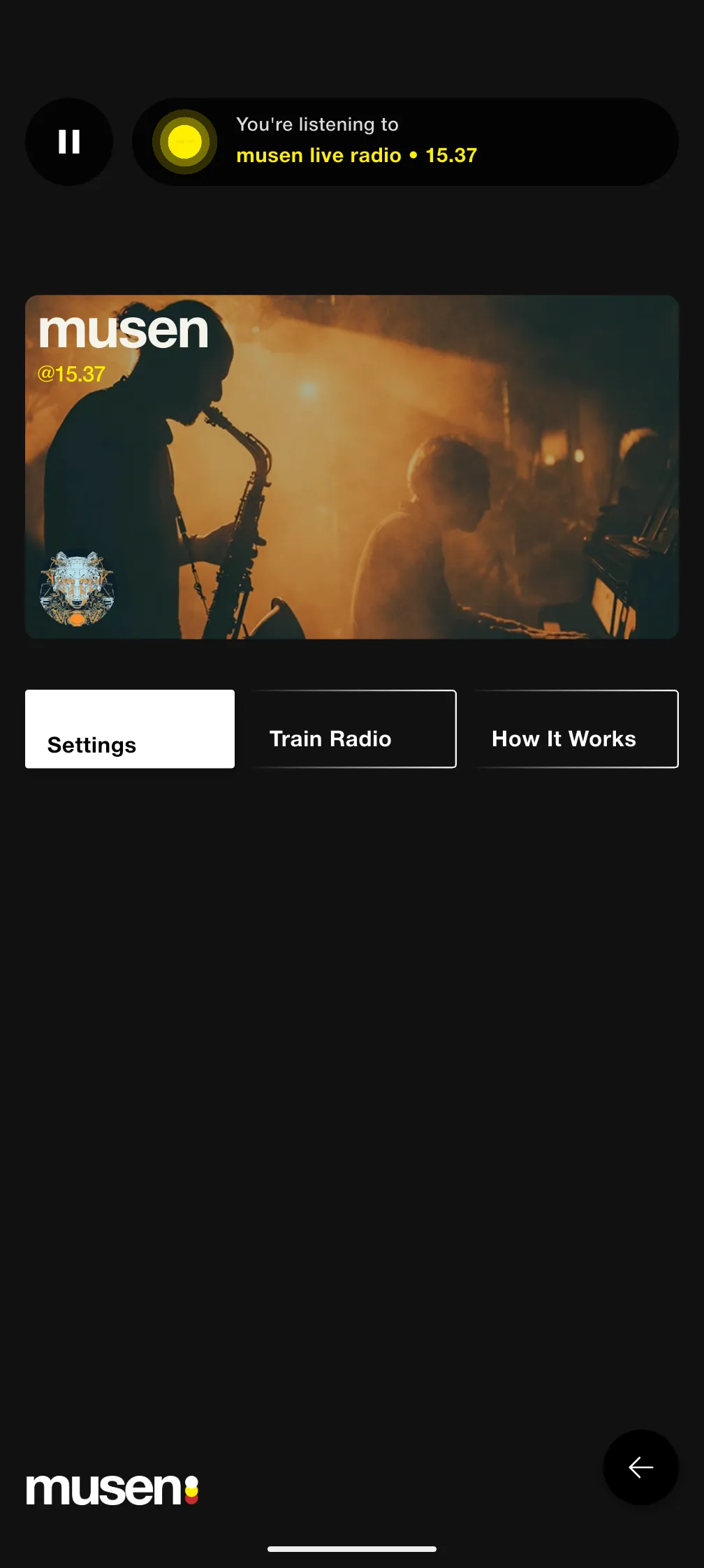 Account screen with profile card and Settings, Train Radio, and How It Works tabs