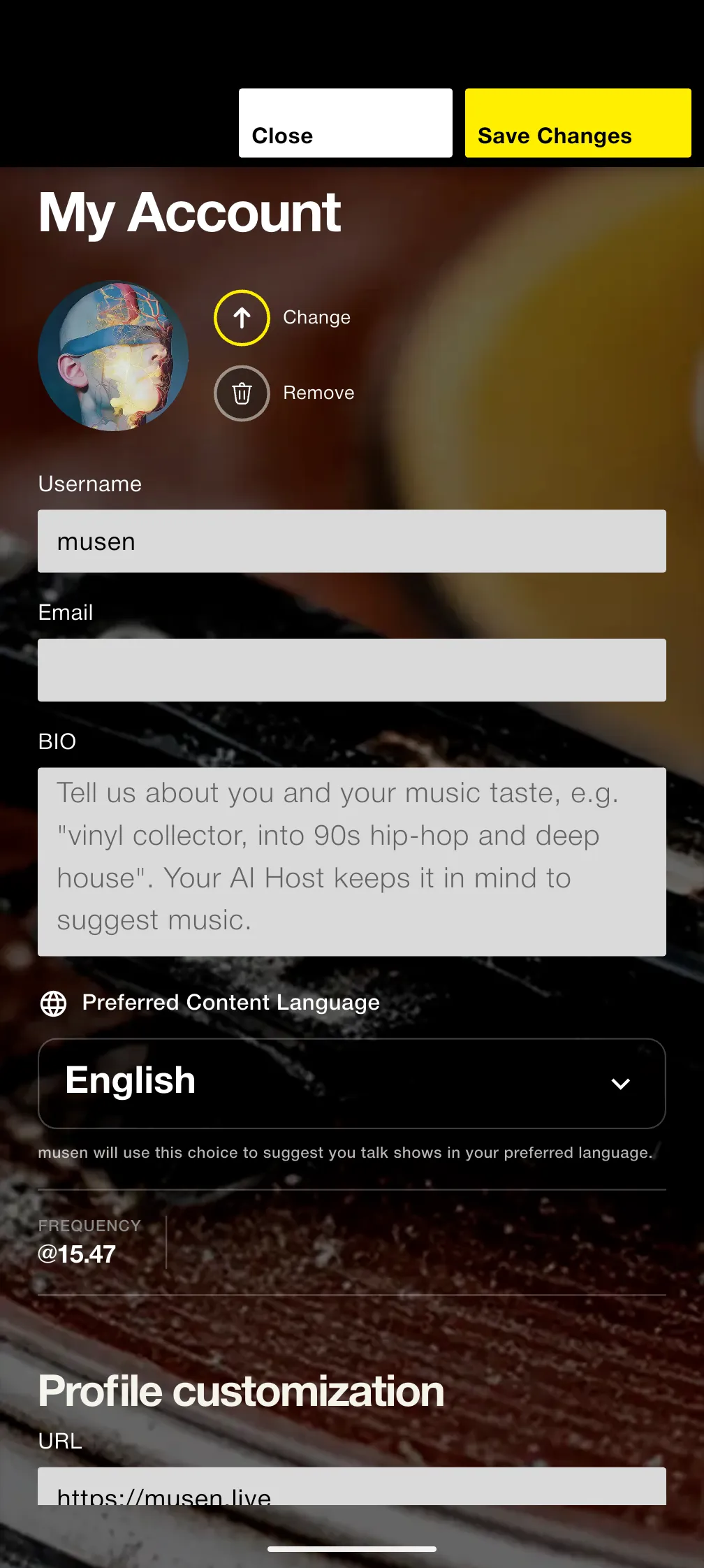 My Account settings with avatar, bio, preferred language, and Home theme