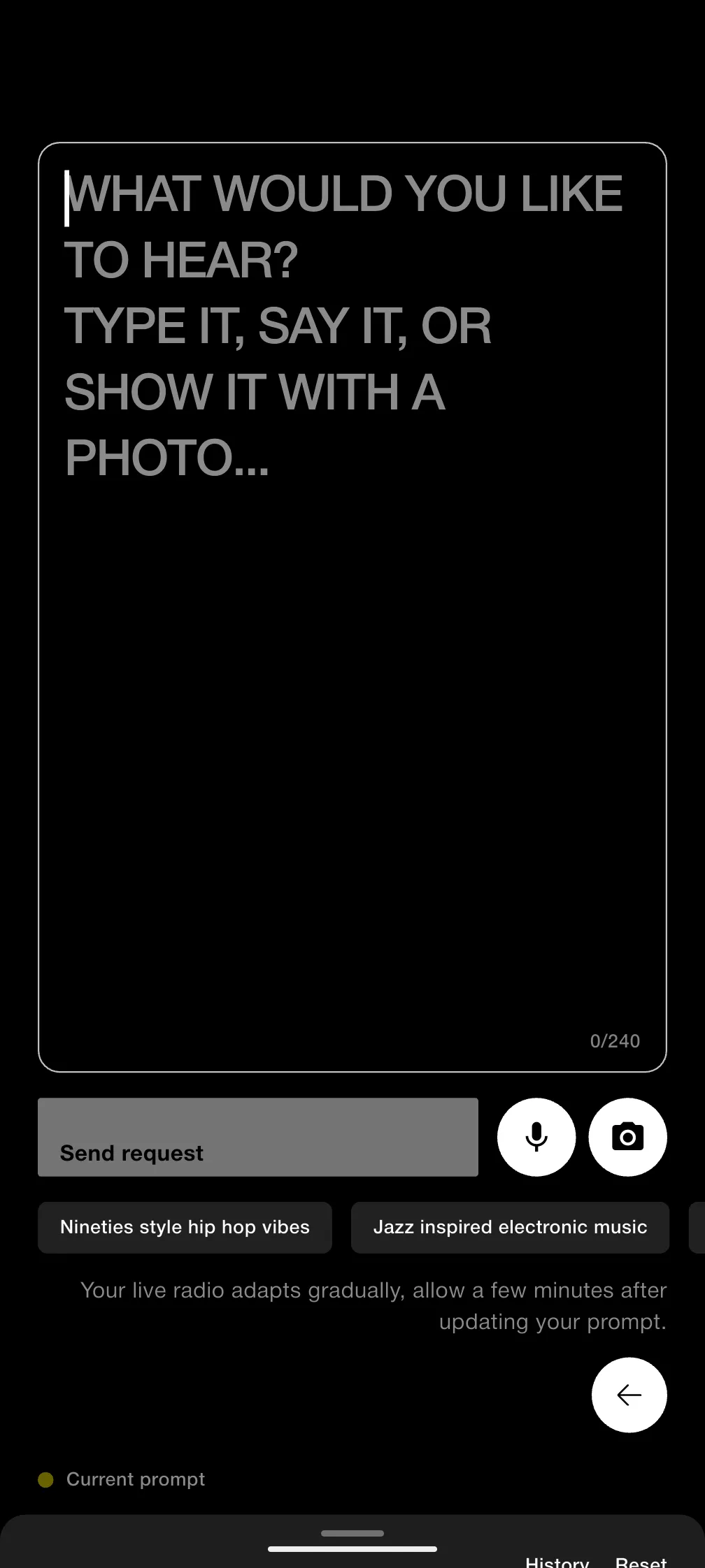 Request screen with prompt input, Send request, microphone, camera, and suggestion chips