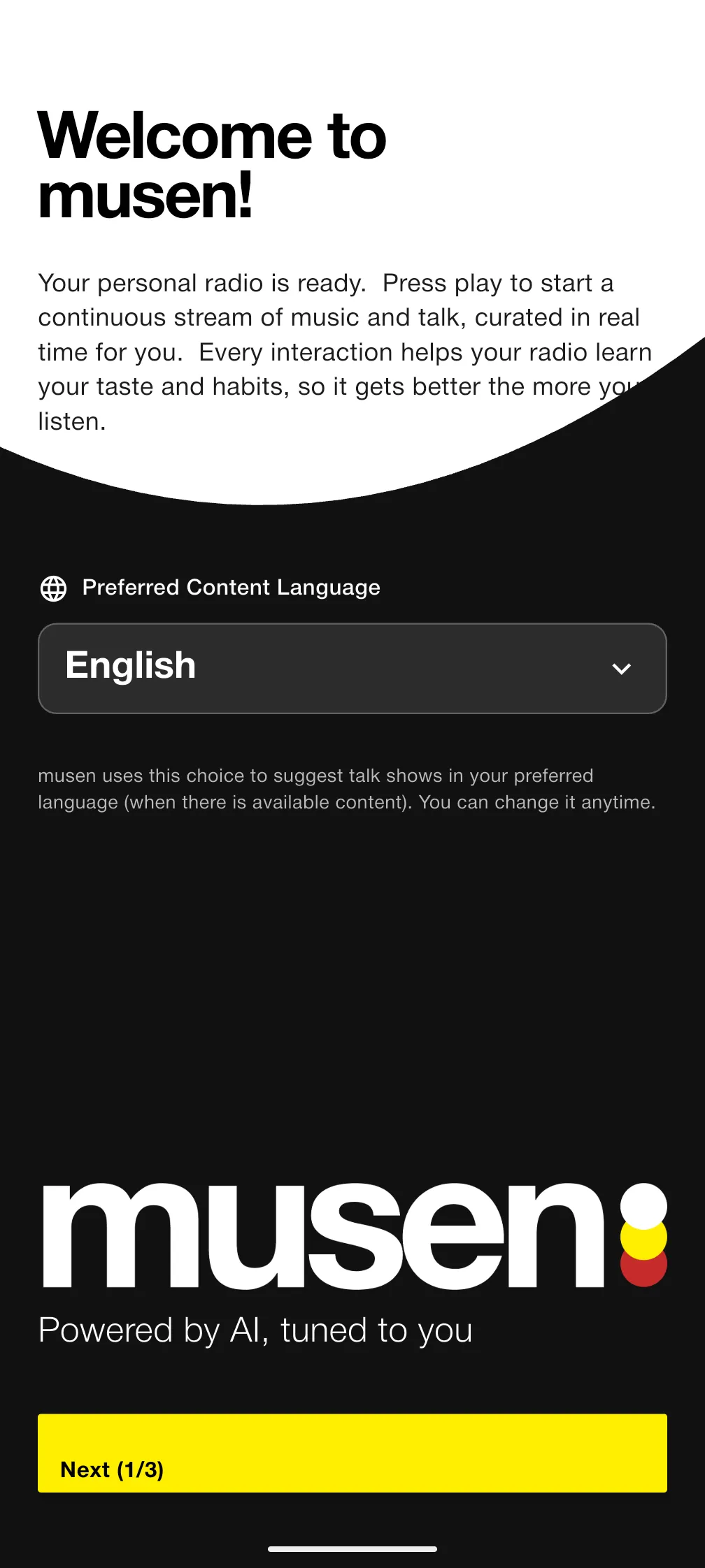 Onboarding welcome screen with preferred content language selection