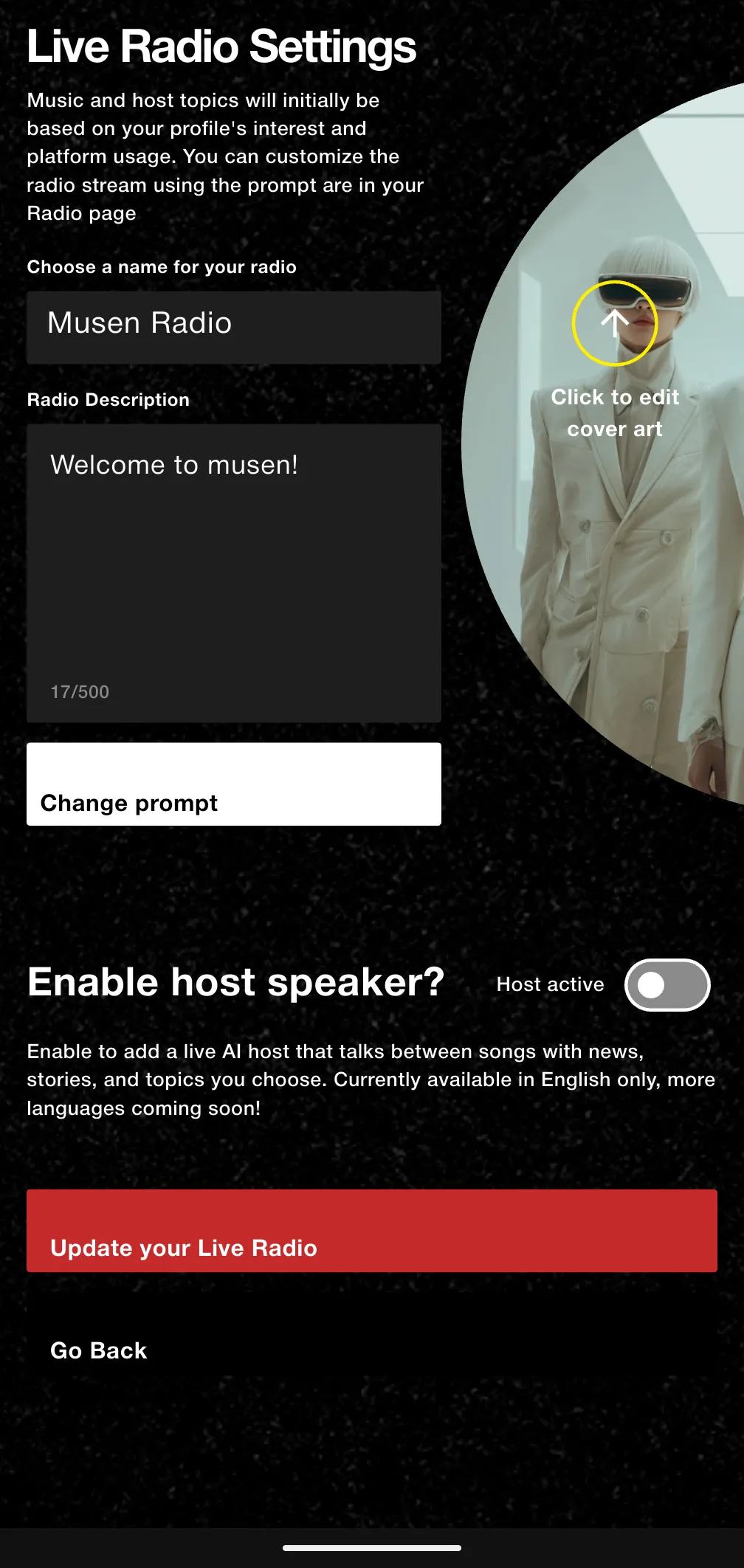 Live Radio settings with name, description, cover art, and Host active toggle