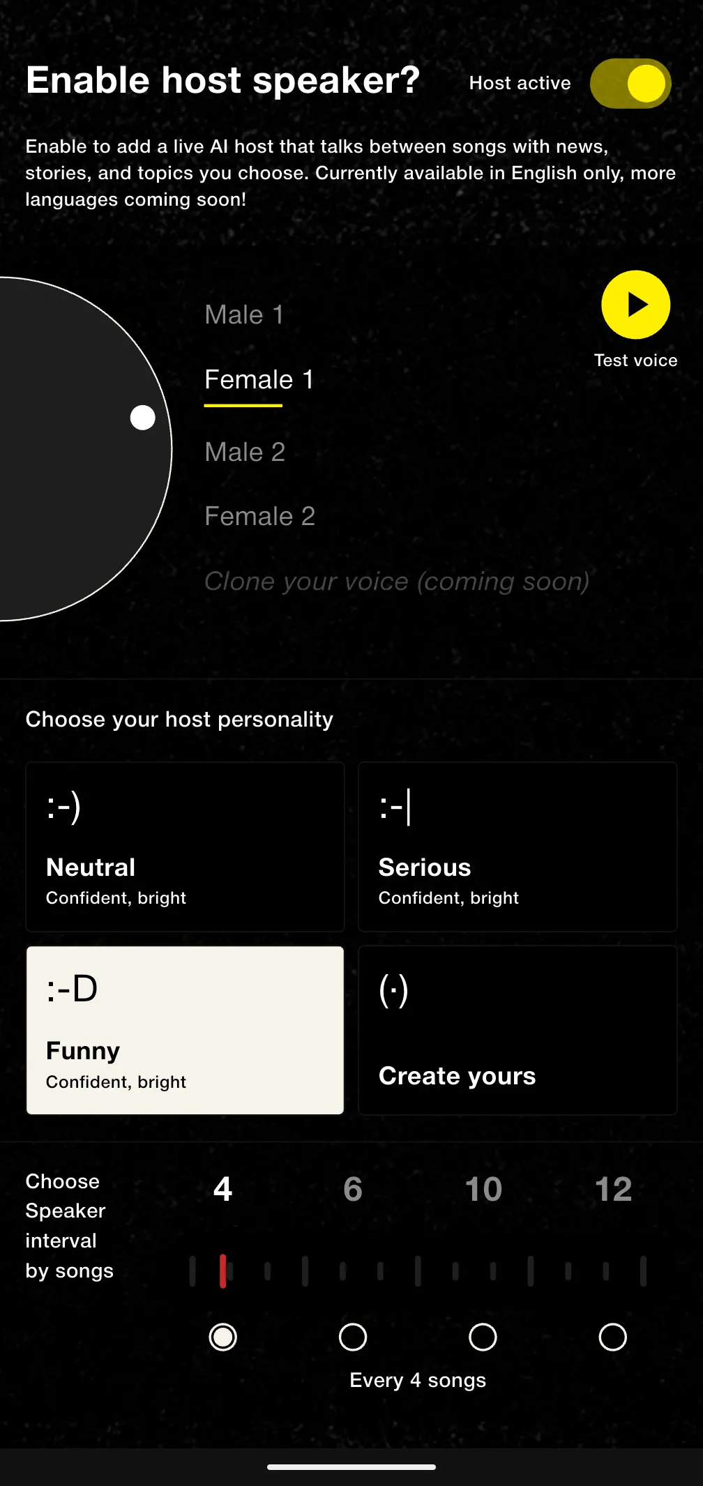 AI host settings with voice, personality, and speaker interval