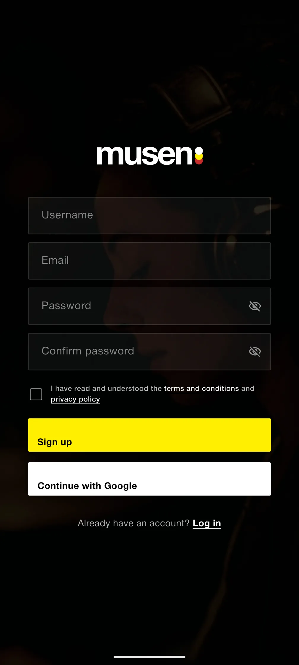 Sign-up screen with email, password, Google, and Sign up options